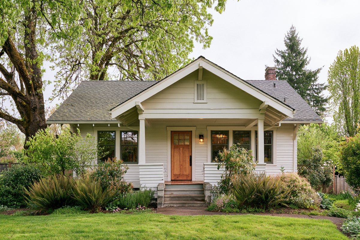 Illustrative bungalow with a covered front porch and established garden.